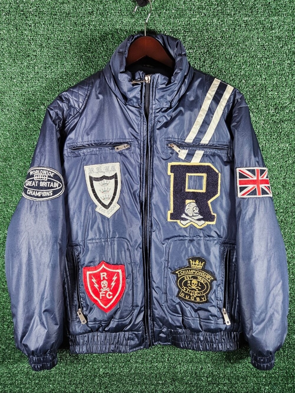 Stylish GB Championship RUGBY Navy Bomber Puffer Jacket w/Patches / Mens Size L